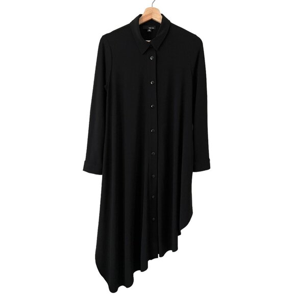 Sun Kim Womens Lagenlook Asymmetric Hem Midi Shirt Dress Black XS‎ Collared - Picture 1 of 12